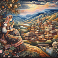 Момиче и българско село - Картина по номера ZP 811