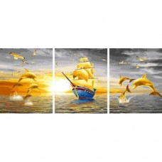 Златни делфини и фрегат - Триптих - Картина по номера PG 044